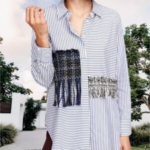 ZARA STRIPPED OVERSIZED BUTTON DOWN SHIRT WITH TWEED PATCH SIZE MEDIUM